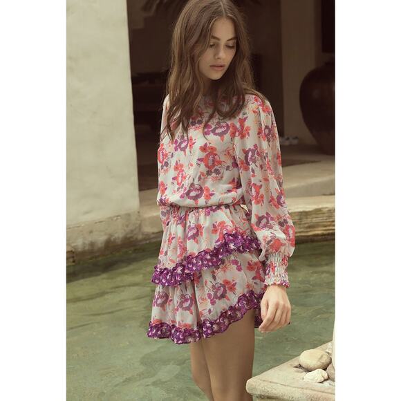 MISA Los Angeles Camila‎ Dress Purple Floral Smocked  Sleeve Mini Dress Sz Small - Picture 4 of 12